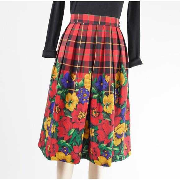 Vintage 80s Red Plaid and Floral Full Pleated Midi Skirt with Pockets size M - Picture 2 of 8